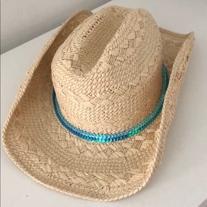 COWBOY STRAW HAT W/OPAL, BLUE & TURQUOISE SEQUINS